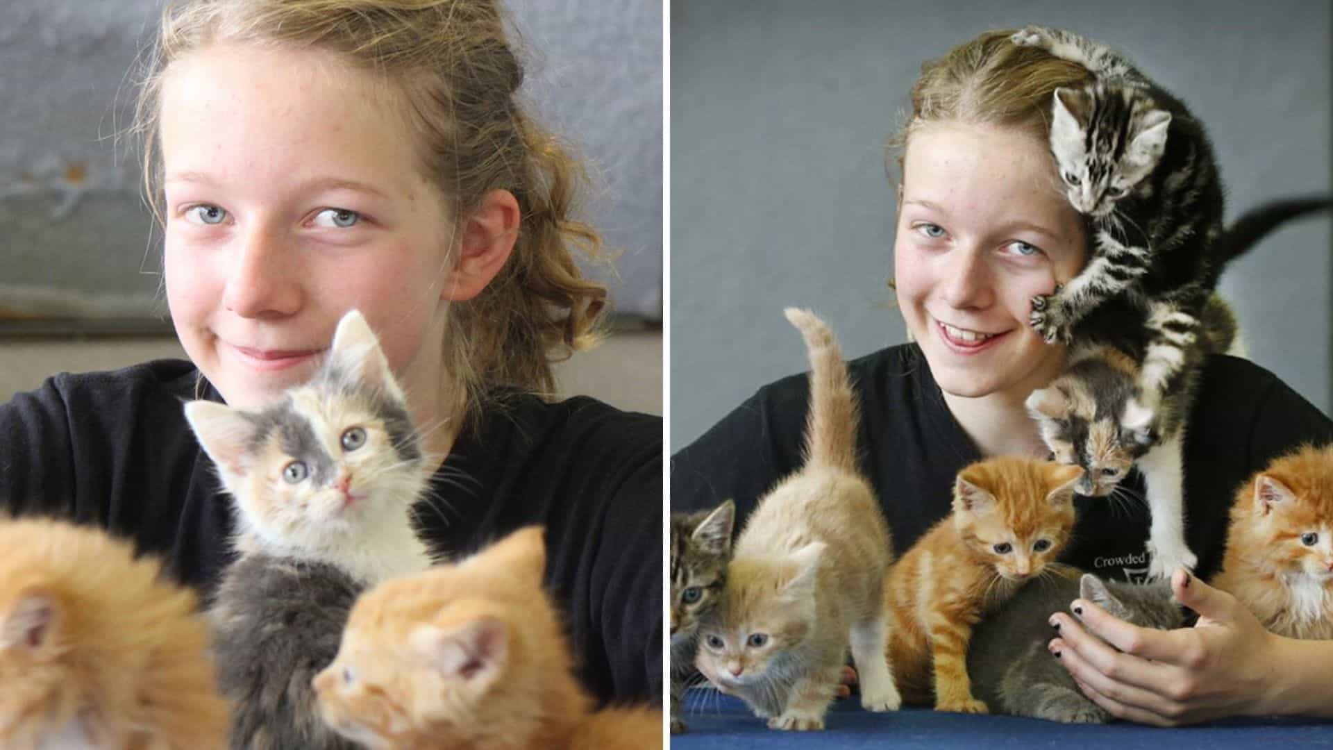 girl and abandoned kittens