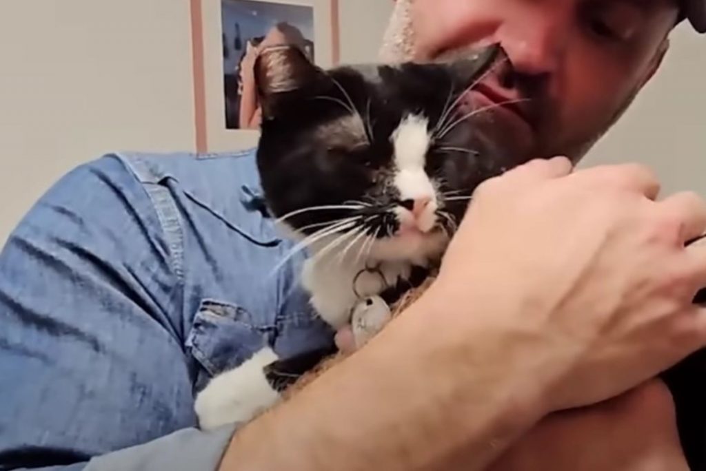 a man is holding a black and white cat in his arms