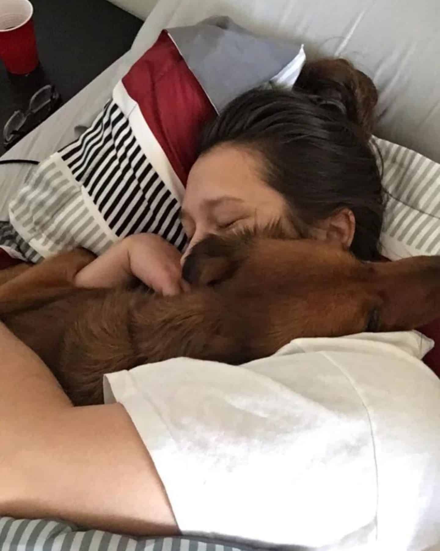 dog sleeps with woman in bed