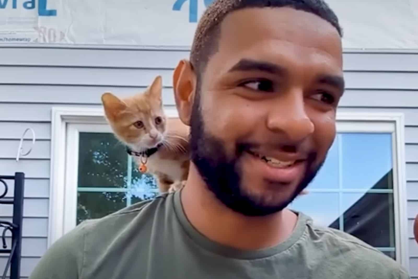 kitten on man's shoulder
