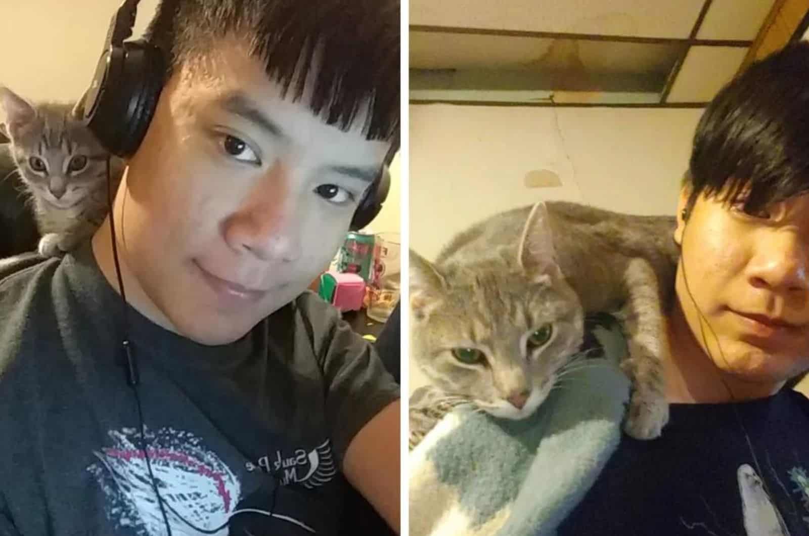 man gaming with cat next to him