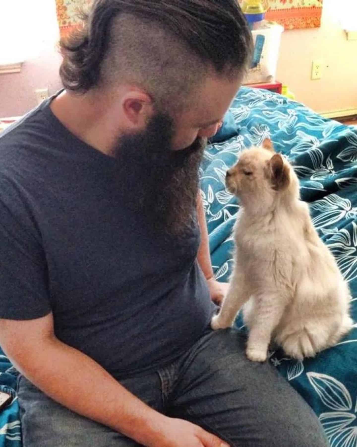 man with beard looking at cat