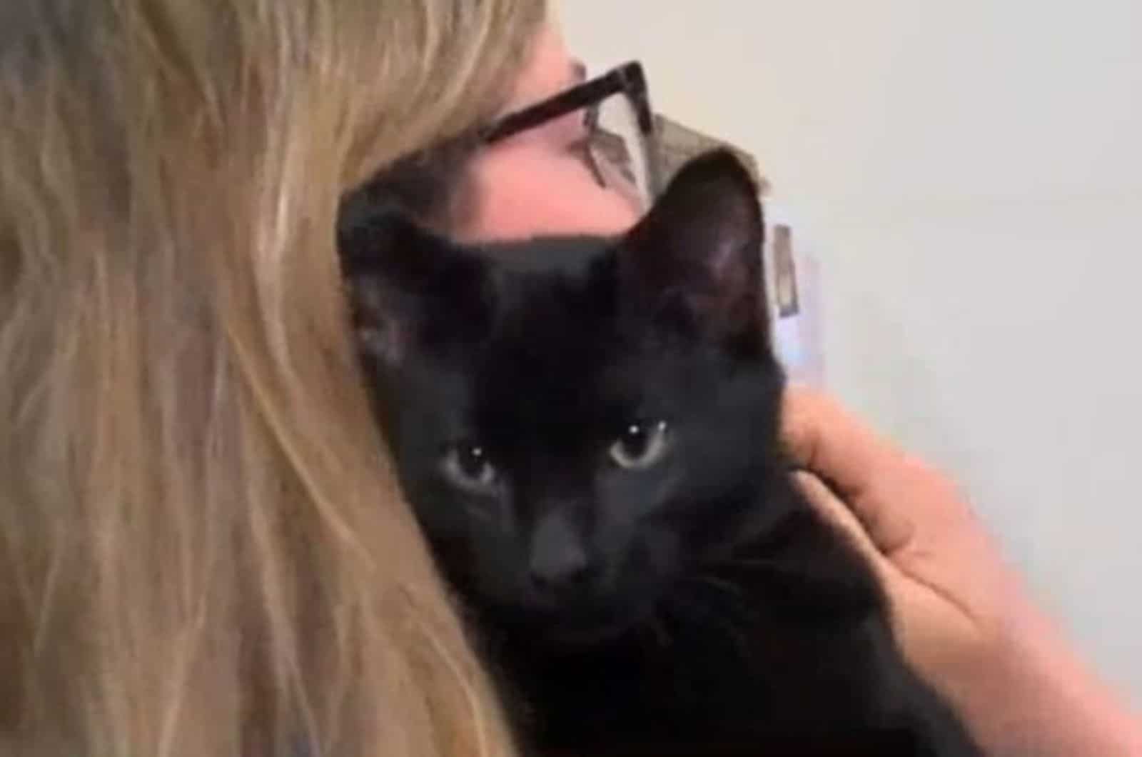 portrait of a black cat on a woman's shoulder