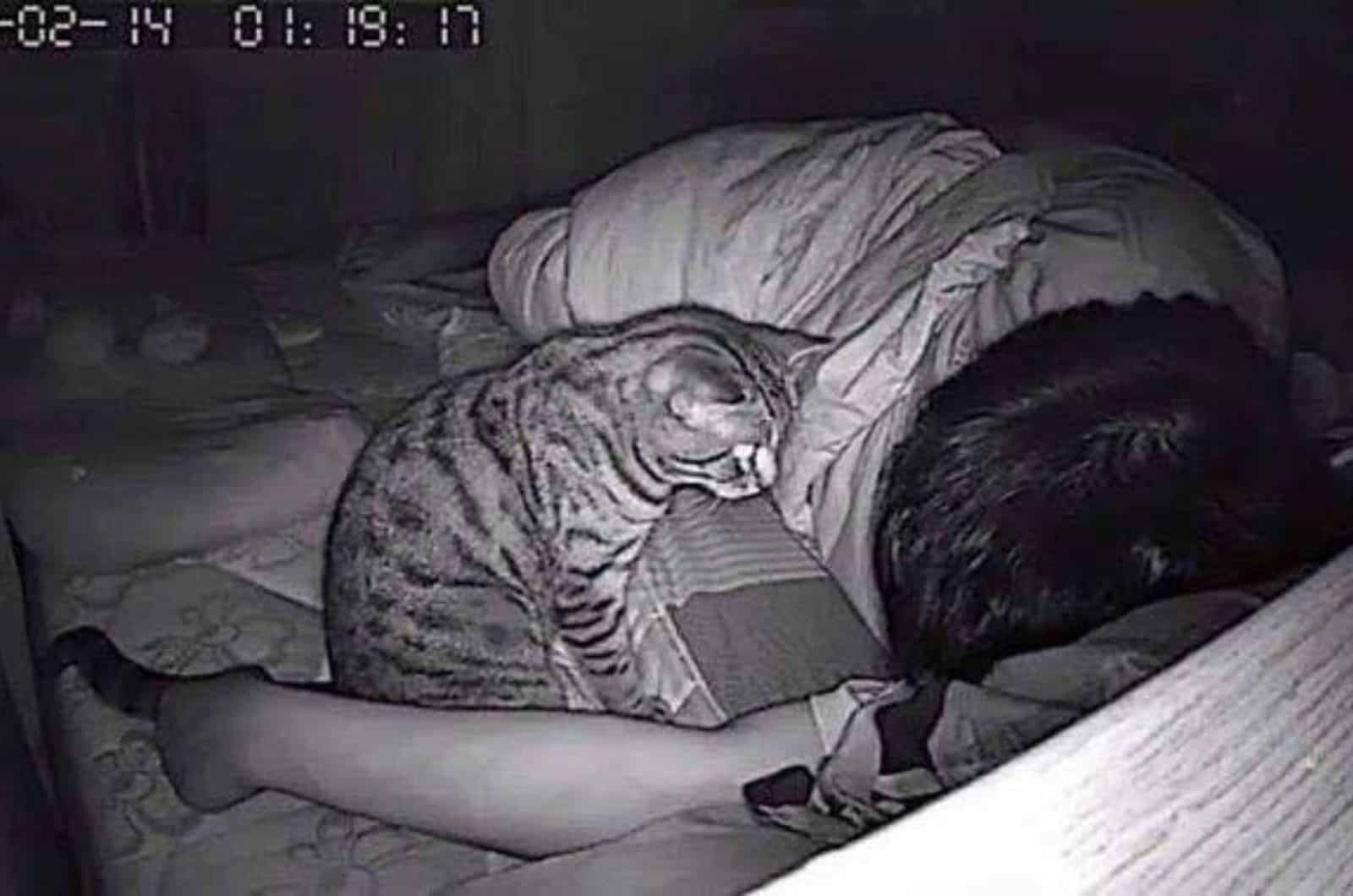 man in bed with cat