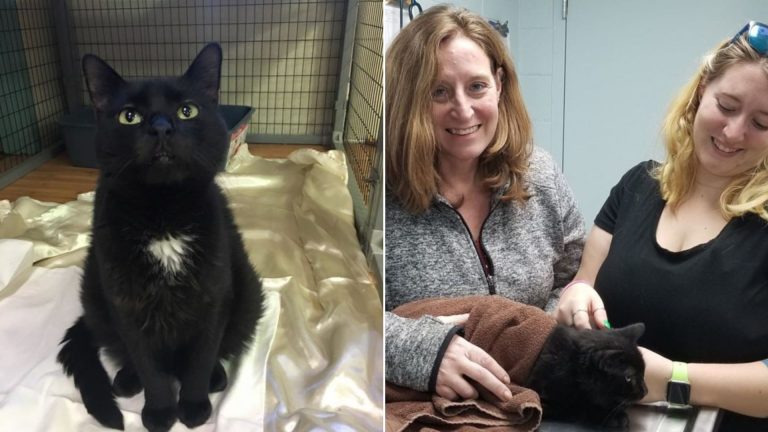 two women and special needs cat