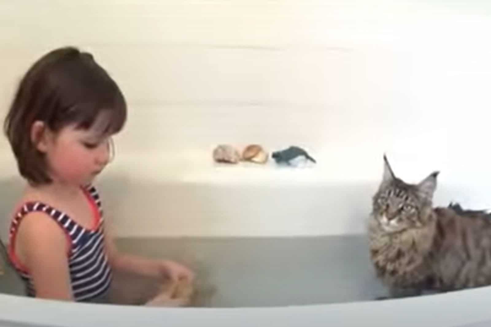 cat and little girl in a bathtub