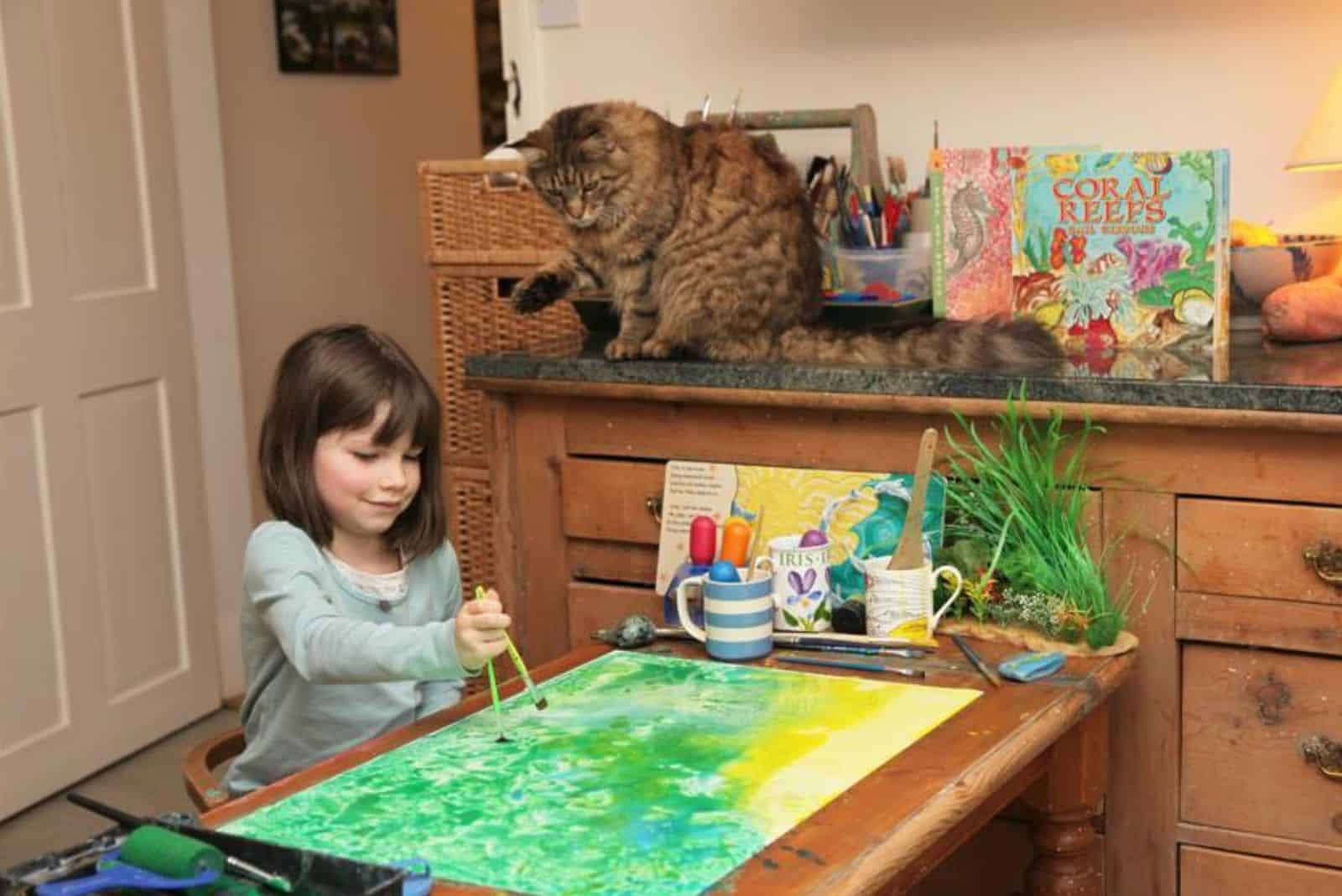 little girl painting and cat sitting by her side
