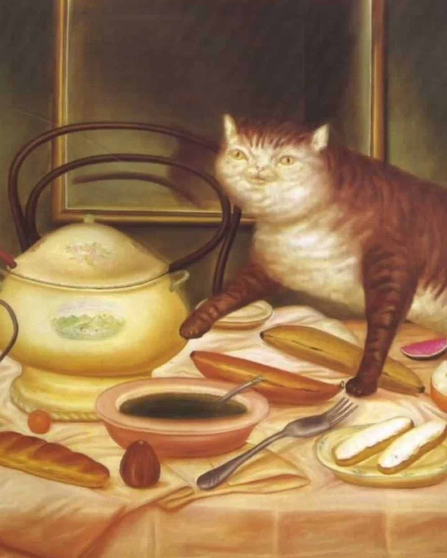 medieval cat on table with food
