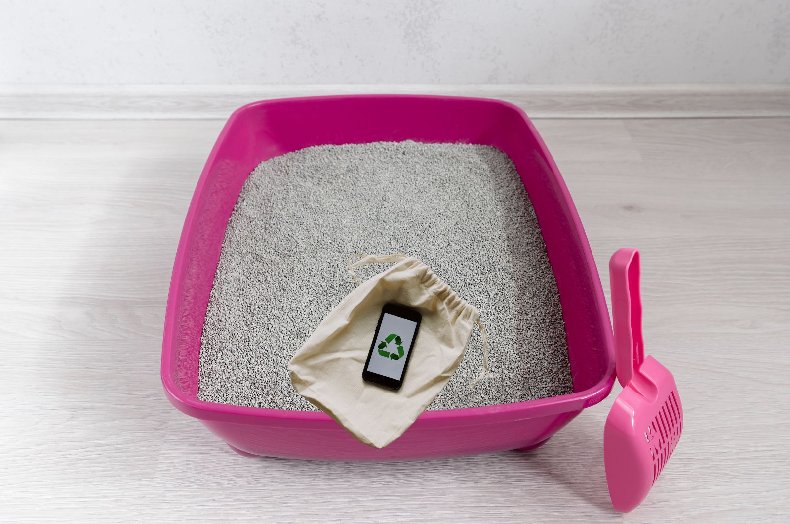 photo of cat litter and a phone