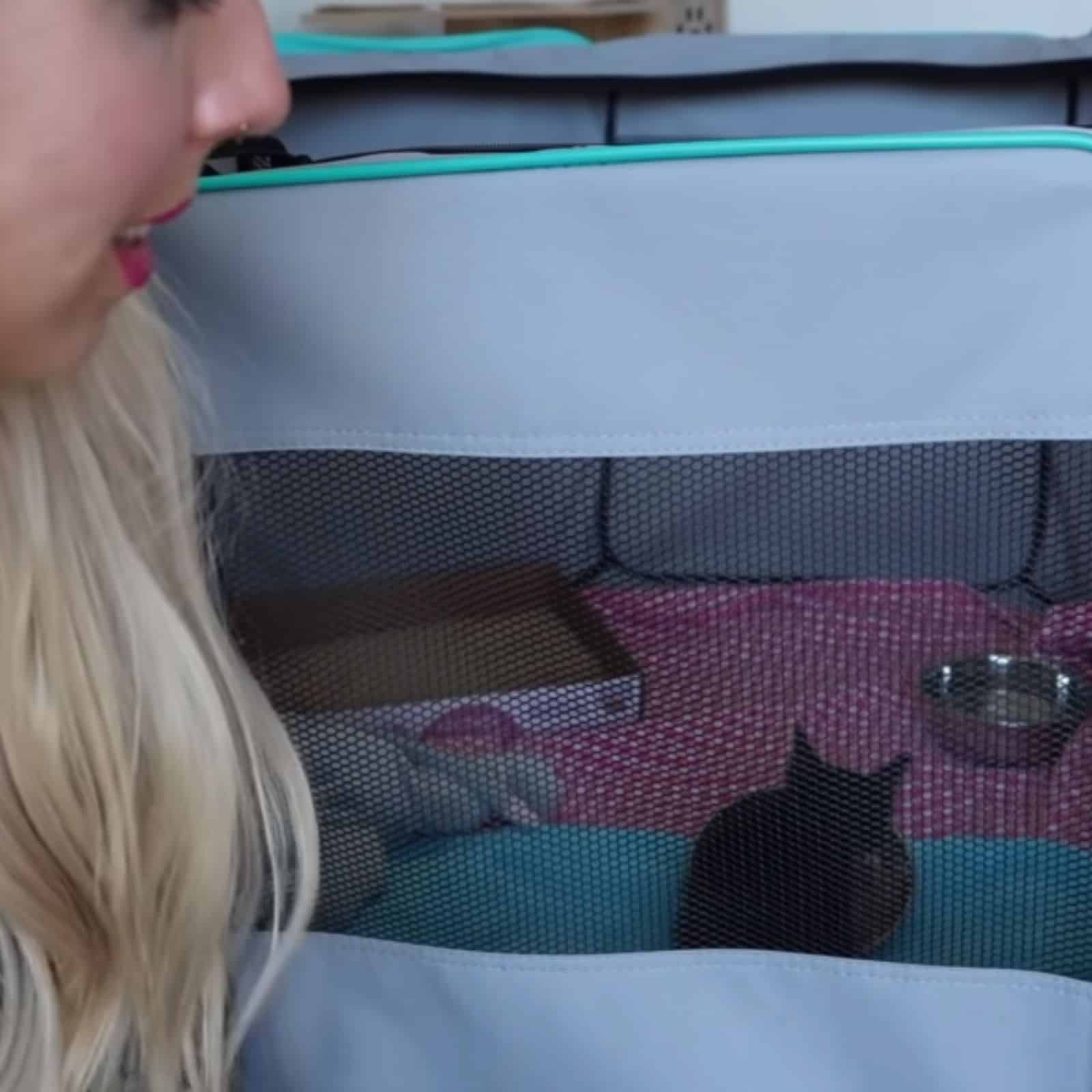 woman looking at cat in playpen