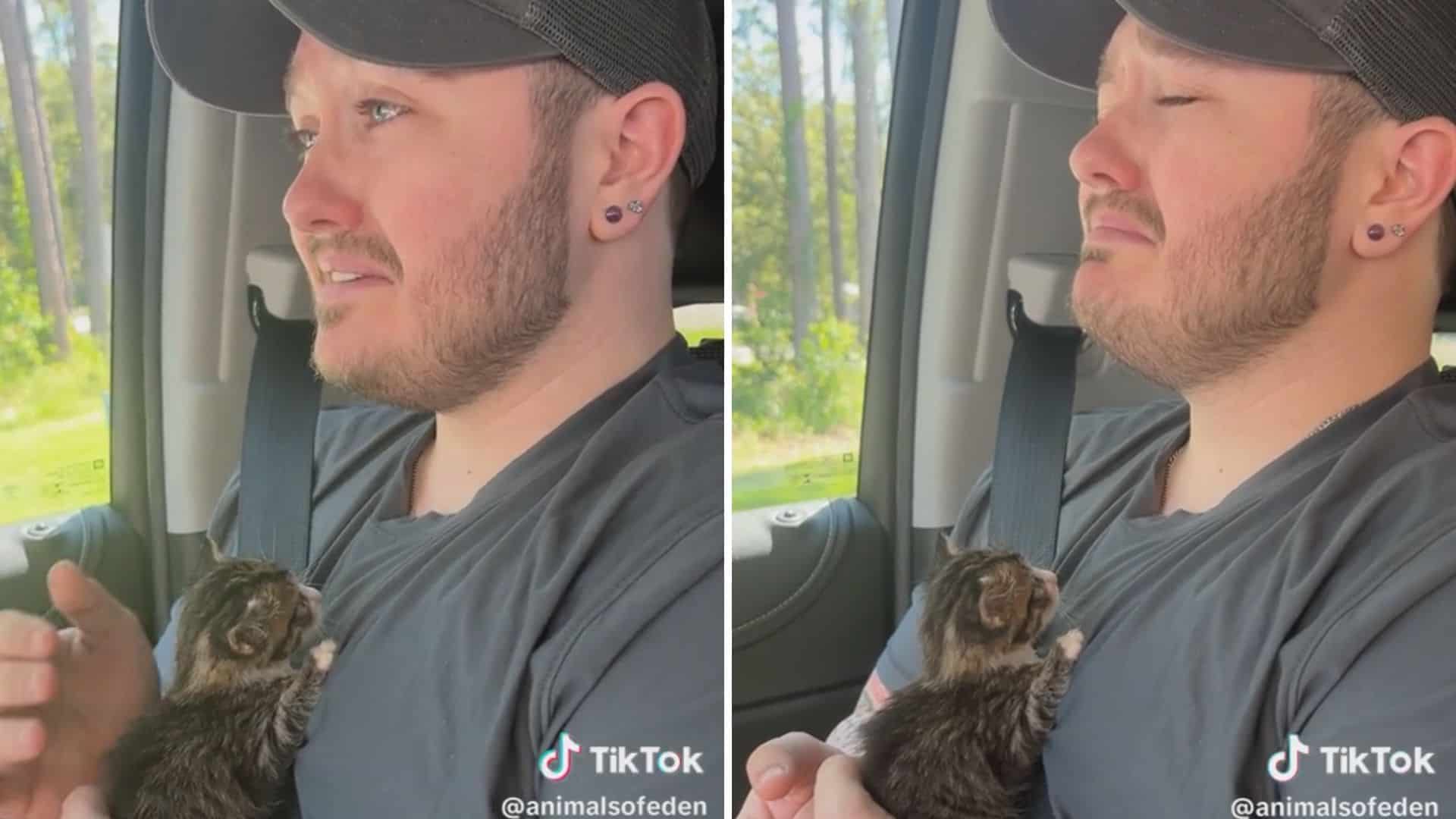 guy in car holding a kitten