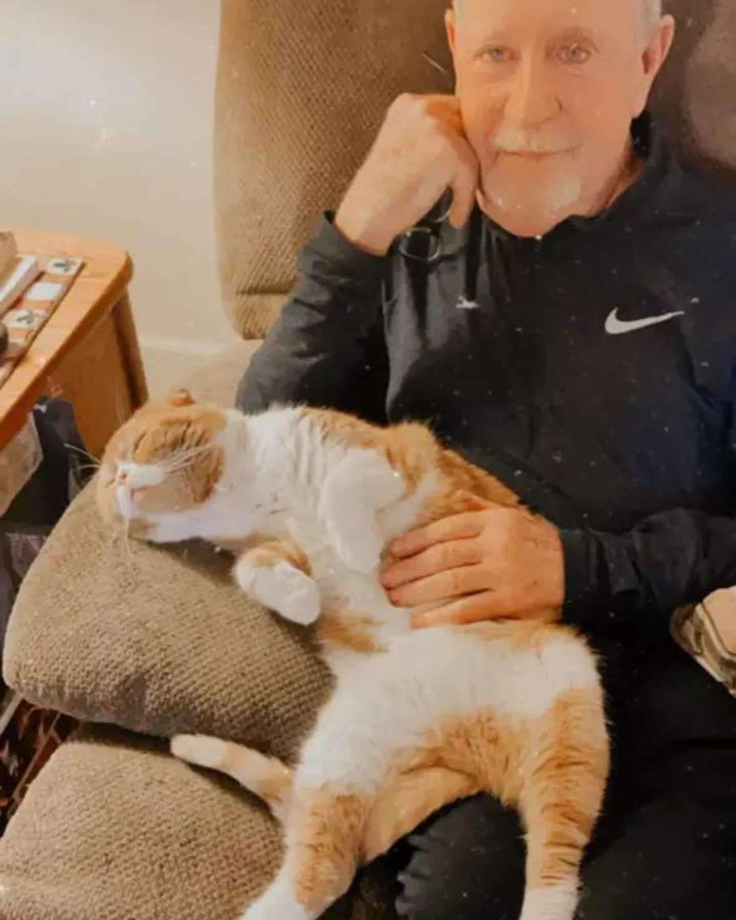 cat lying in grandpa's lap