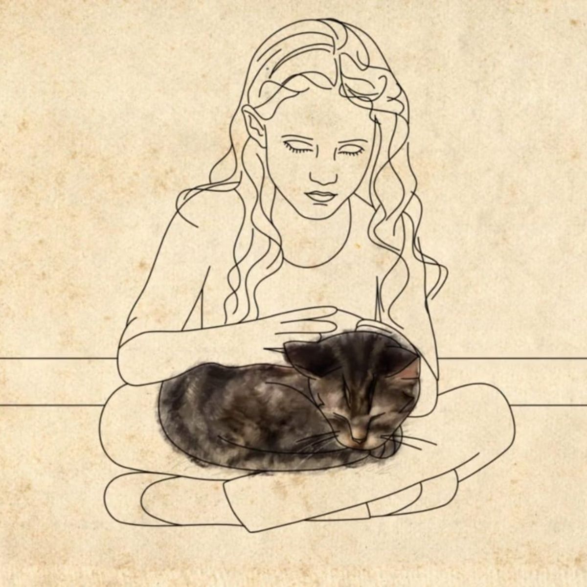 drawing of cat in girl's lap