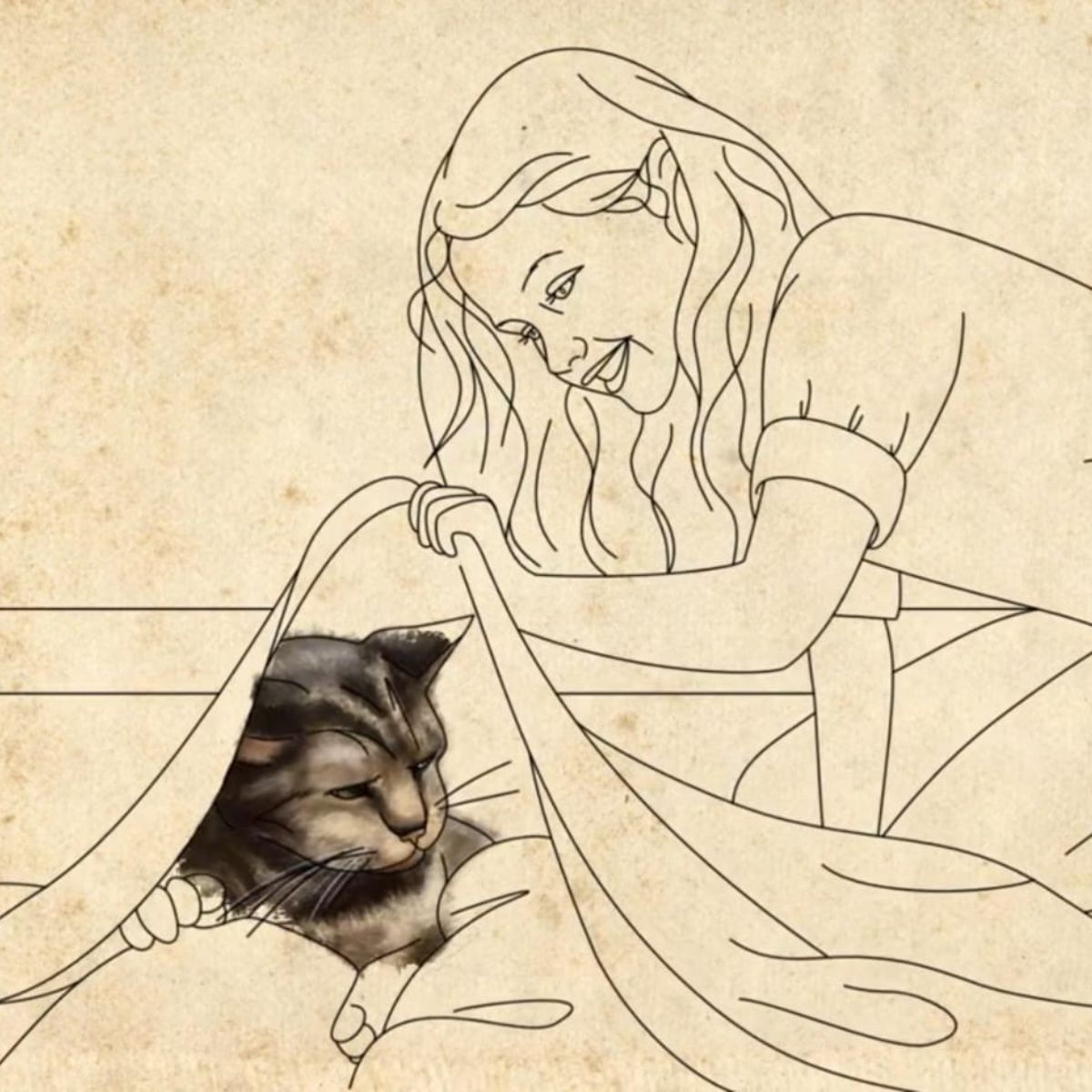 drawing of girl covering a cat with blanket