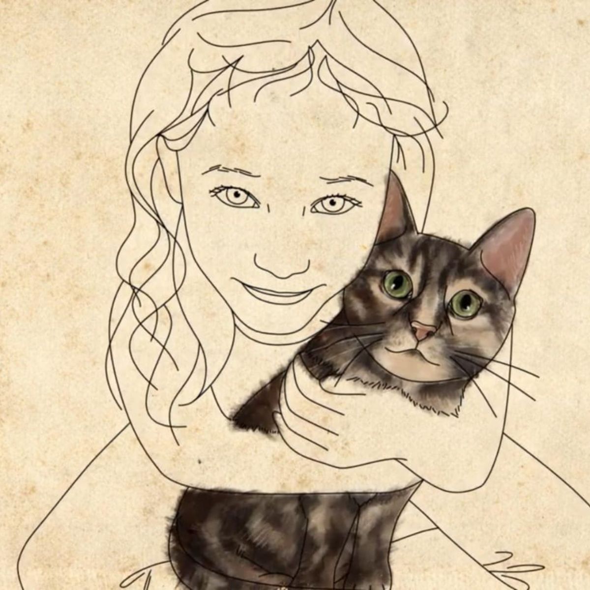 drawing of girl holding a cat