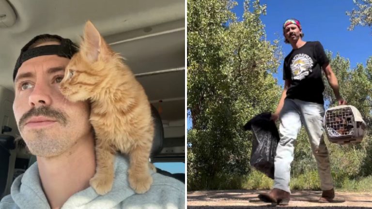 man and adopted orange cat