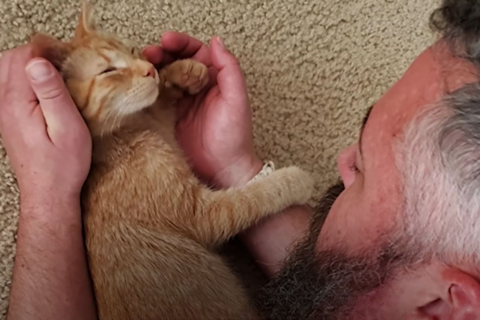 man cuddling with kitten