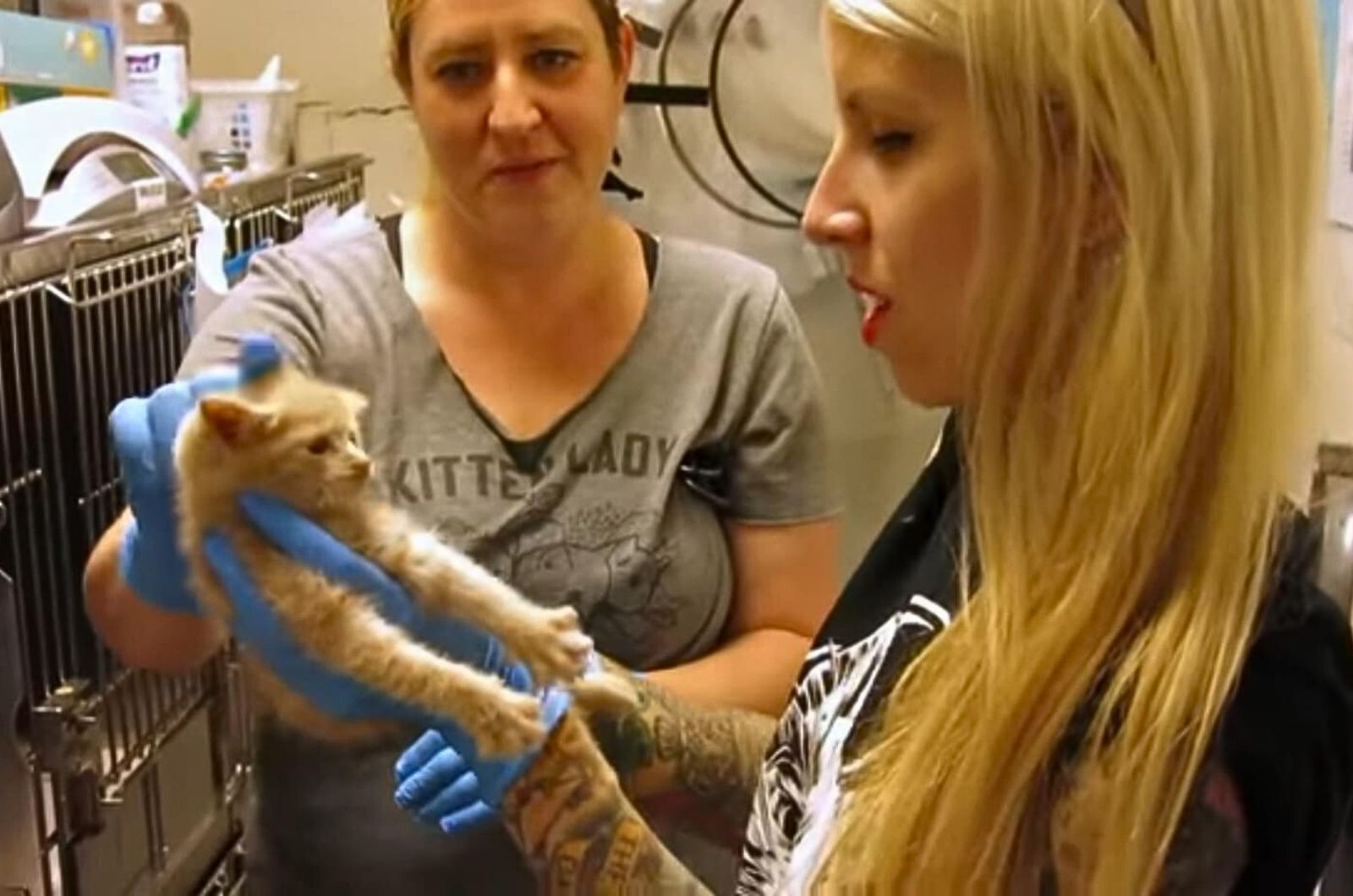 two women holding a paralyzed cat