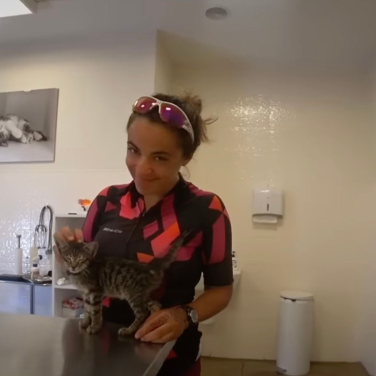 woman petting a kitten