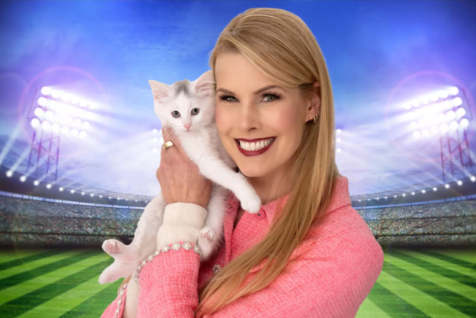 smiling blond woman holding a kitten