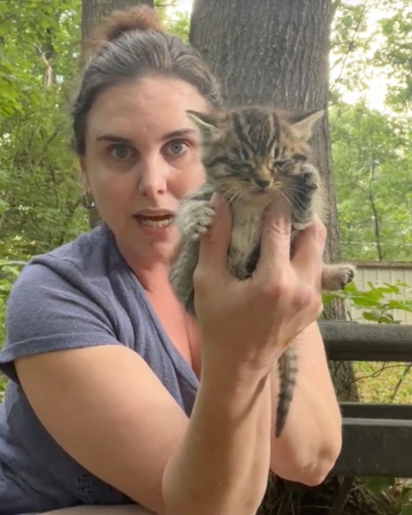 surprised woman holding a cat