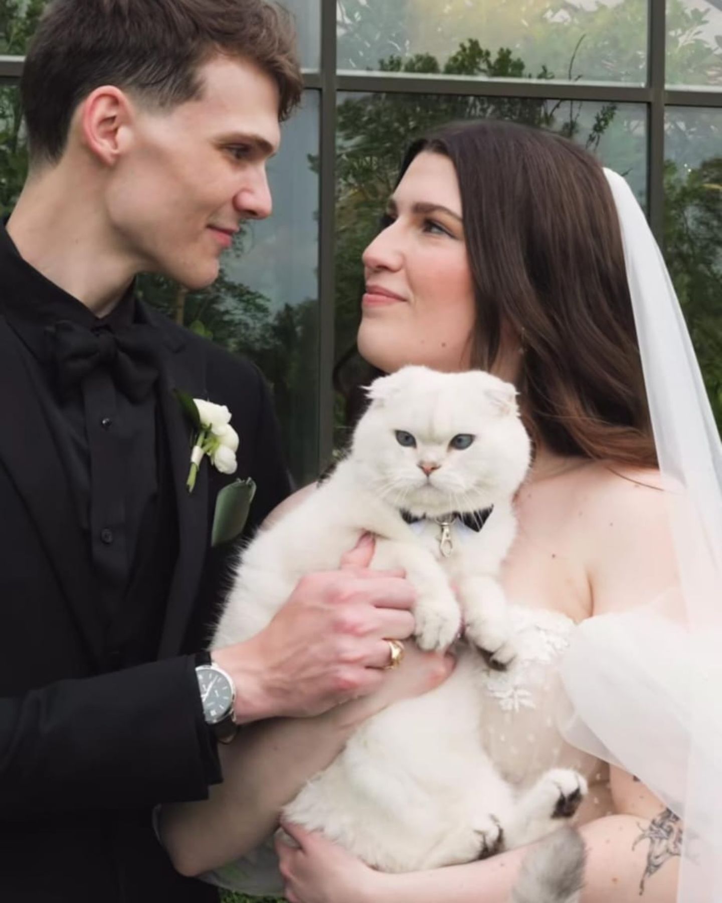 bride and groom with a cat