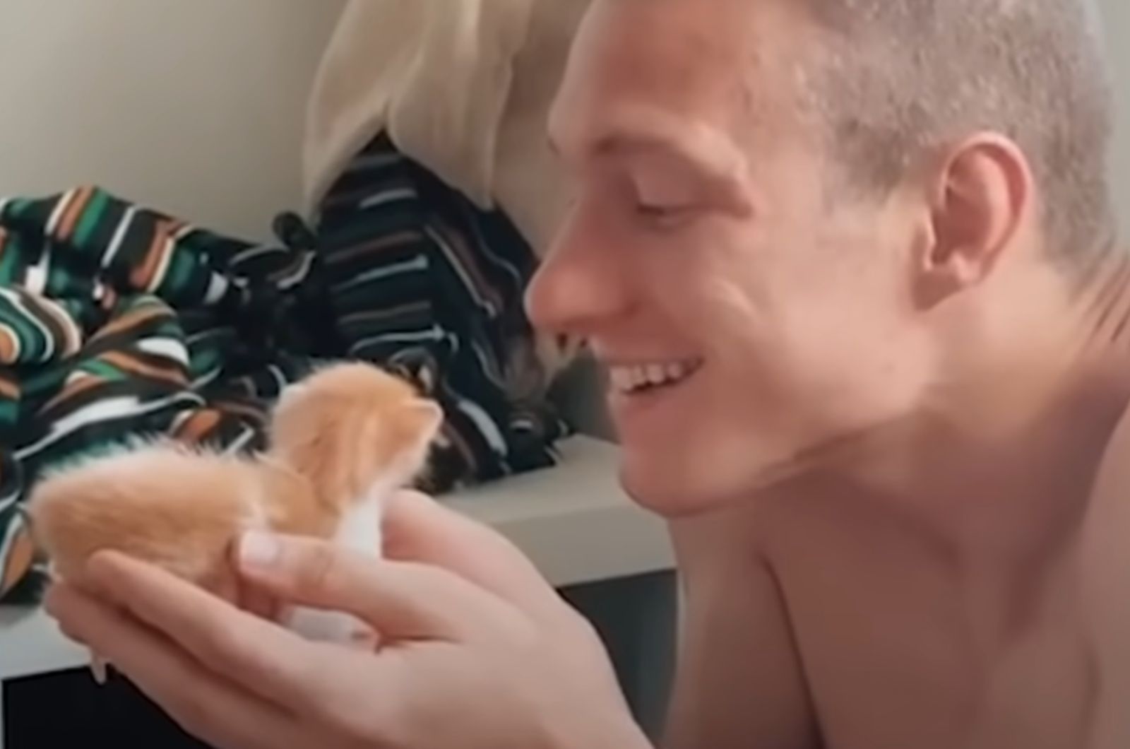 smiling man holding a kitten