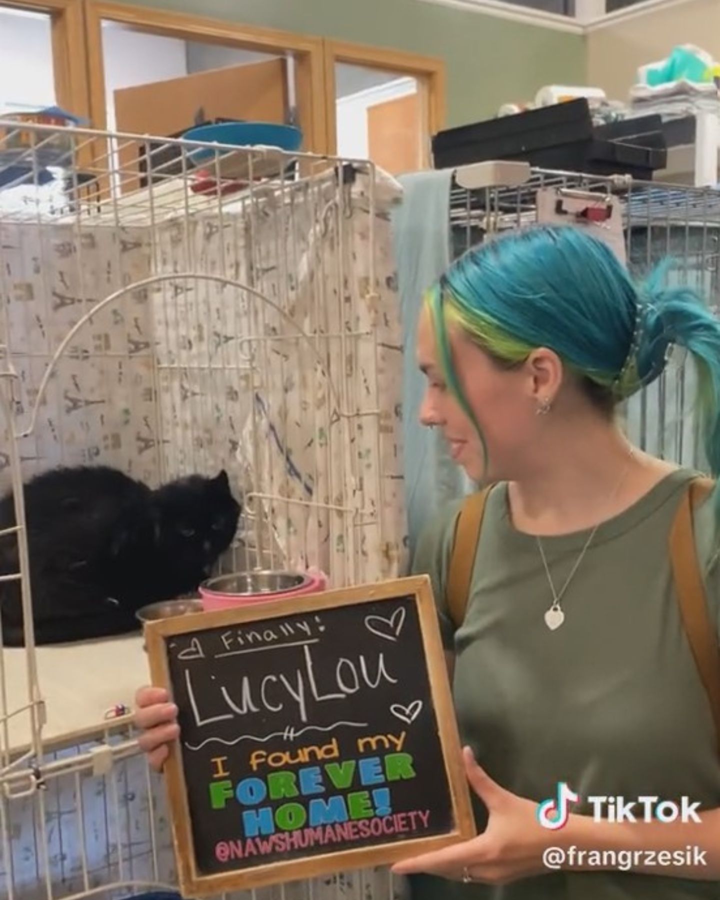 woman with blue hair and black cat