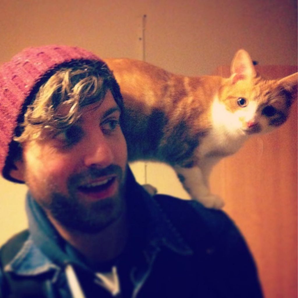 cat on a man's shoulder