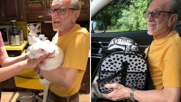 elderly man with adopted cat