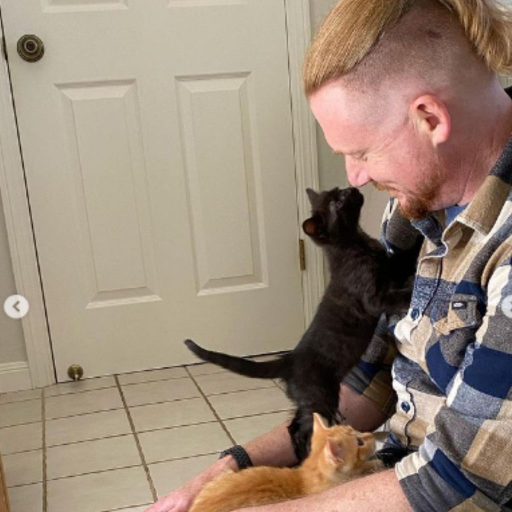 the man enjoys playing with cats