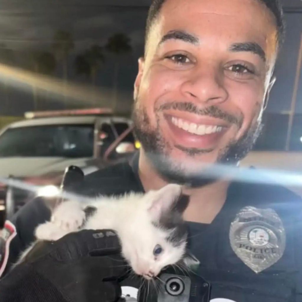 the policeman takes a picture with a machete in his hand