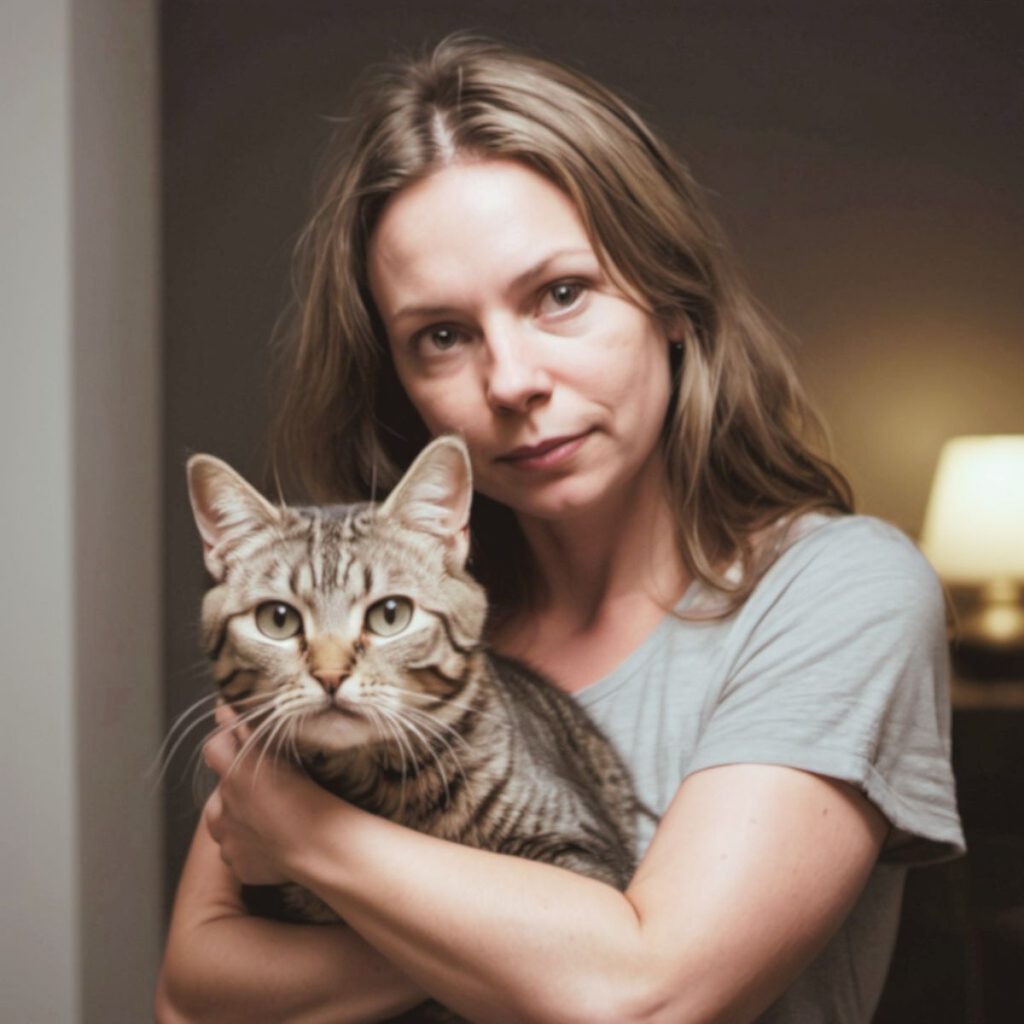 a beautiful woman is holding a cat in her arms