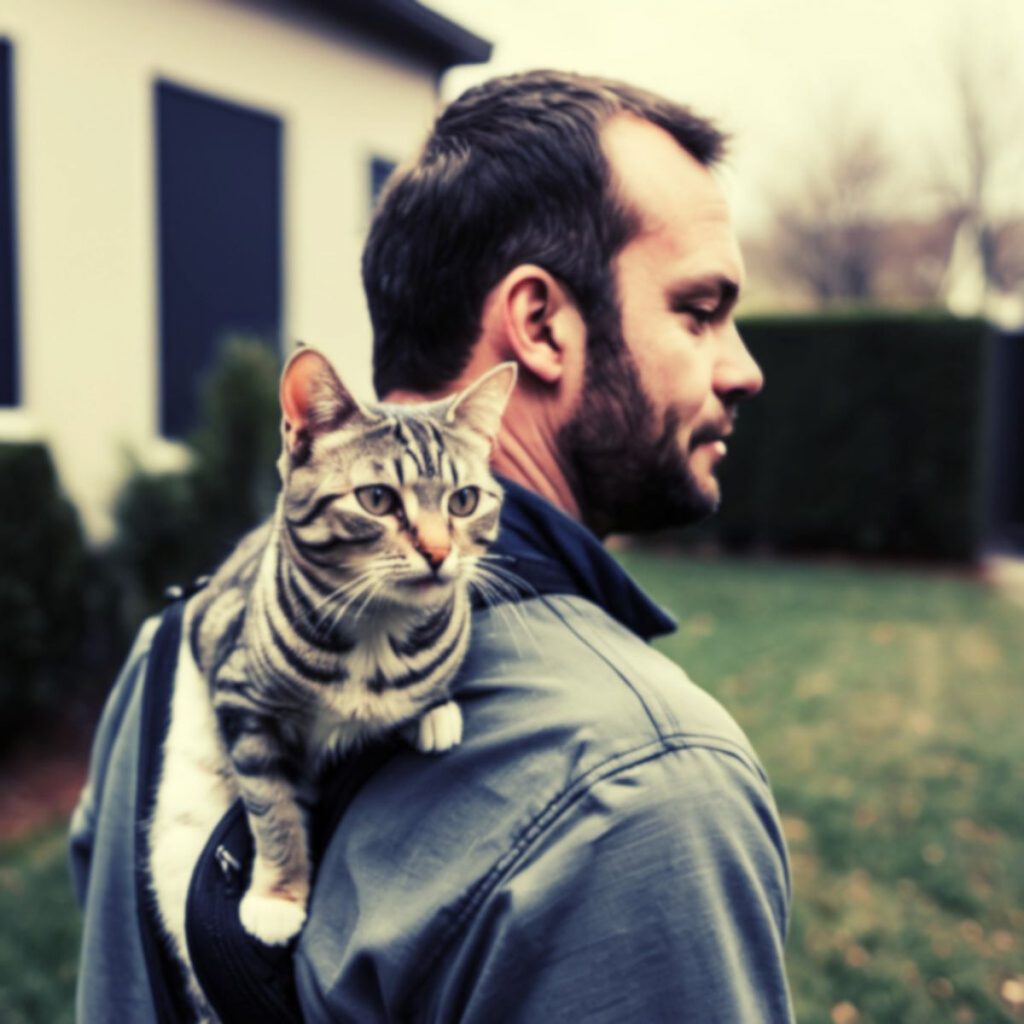 a cat on a man's shoulder