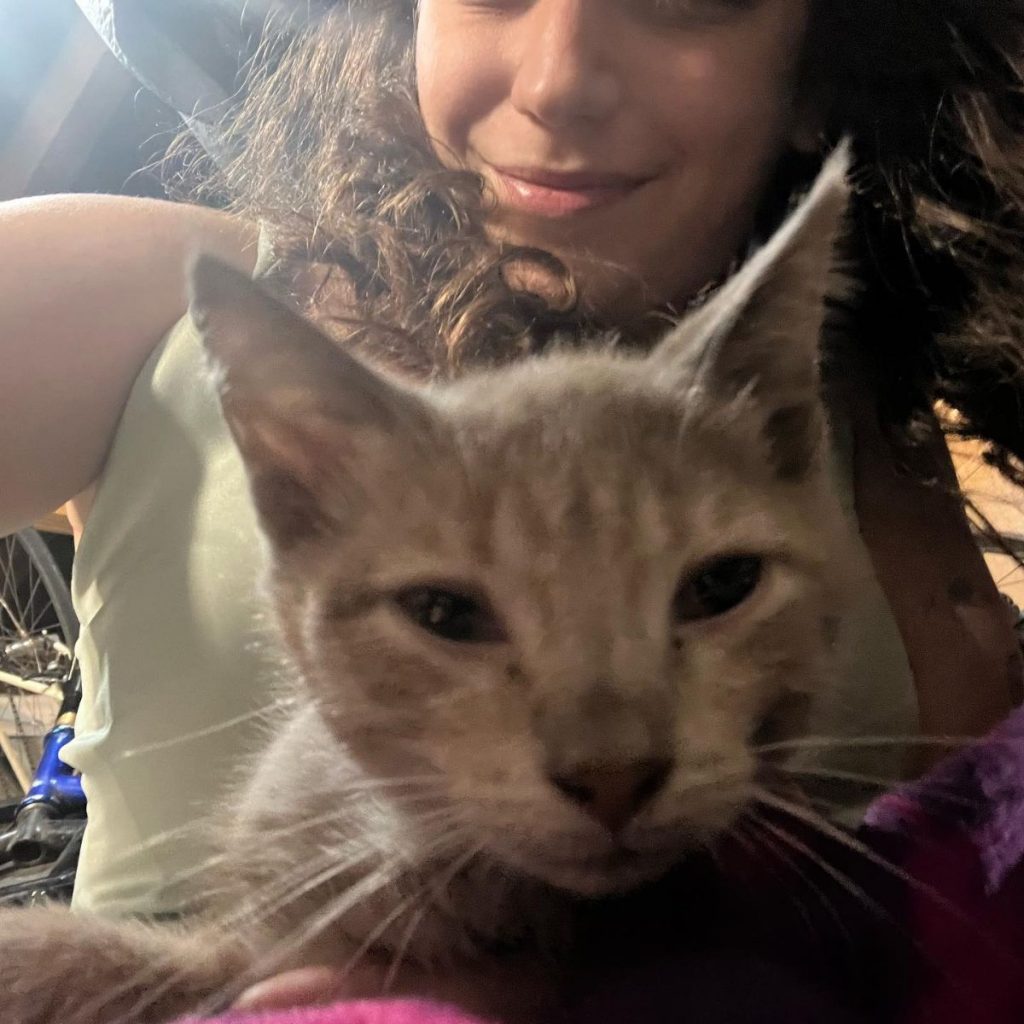 a girl takes a picture with a cat posing for the camera