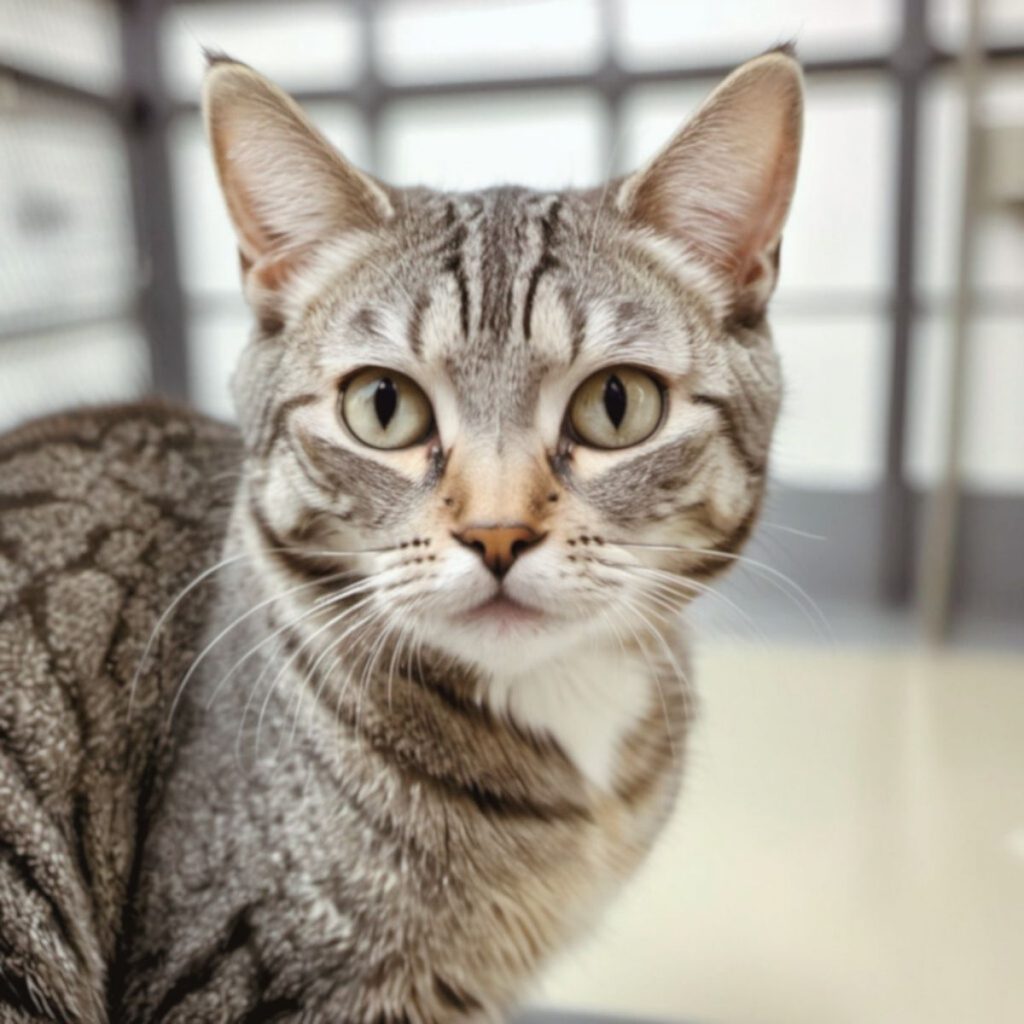 portrait of a colorful cat with green eyes