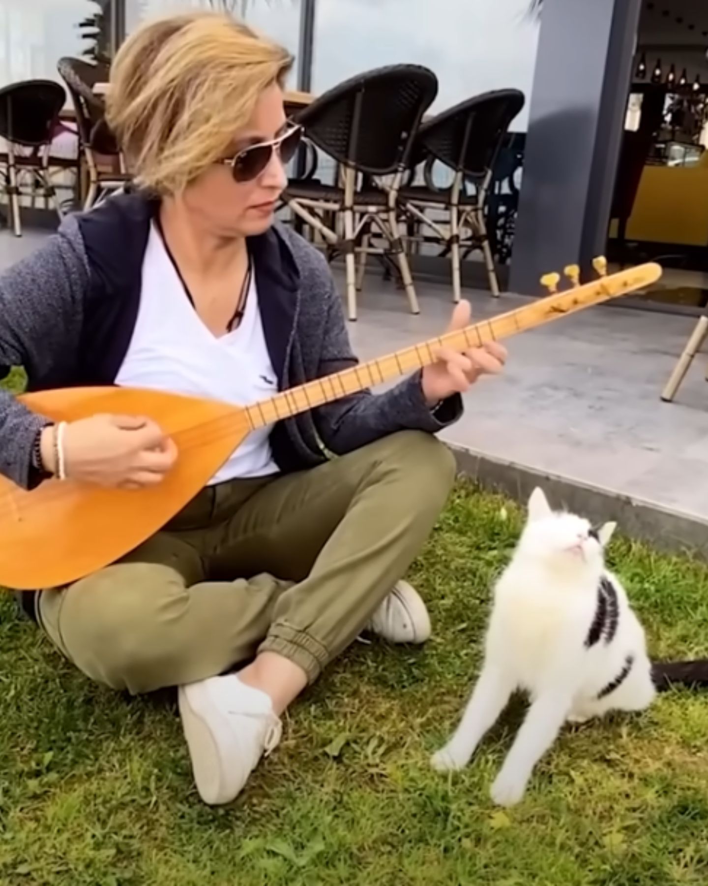 woman playing guitar near cat