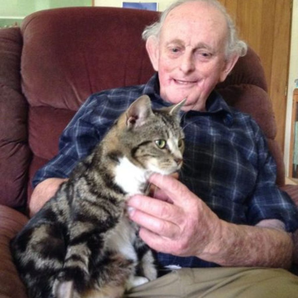 an elderly gentleman caresses a cat in his arms