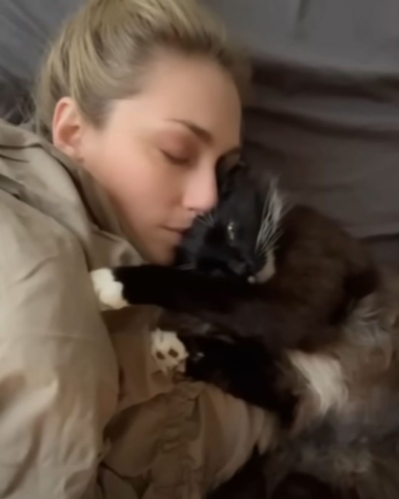 the cat sleeps curled up next to the woman