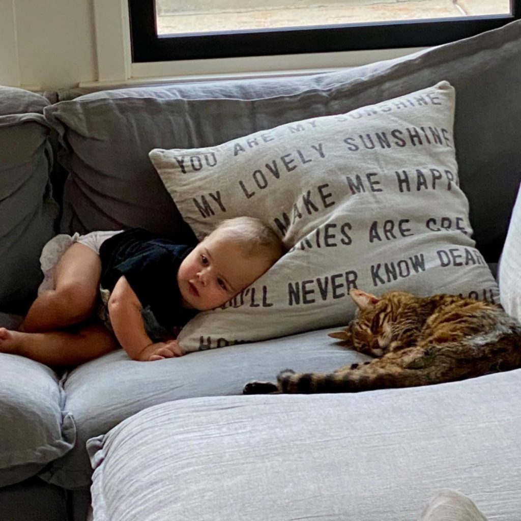 the child is lying on the couch and the cat is next to him