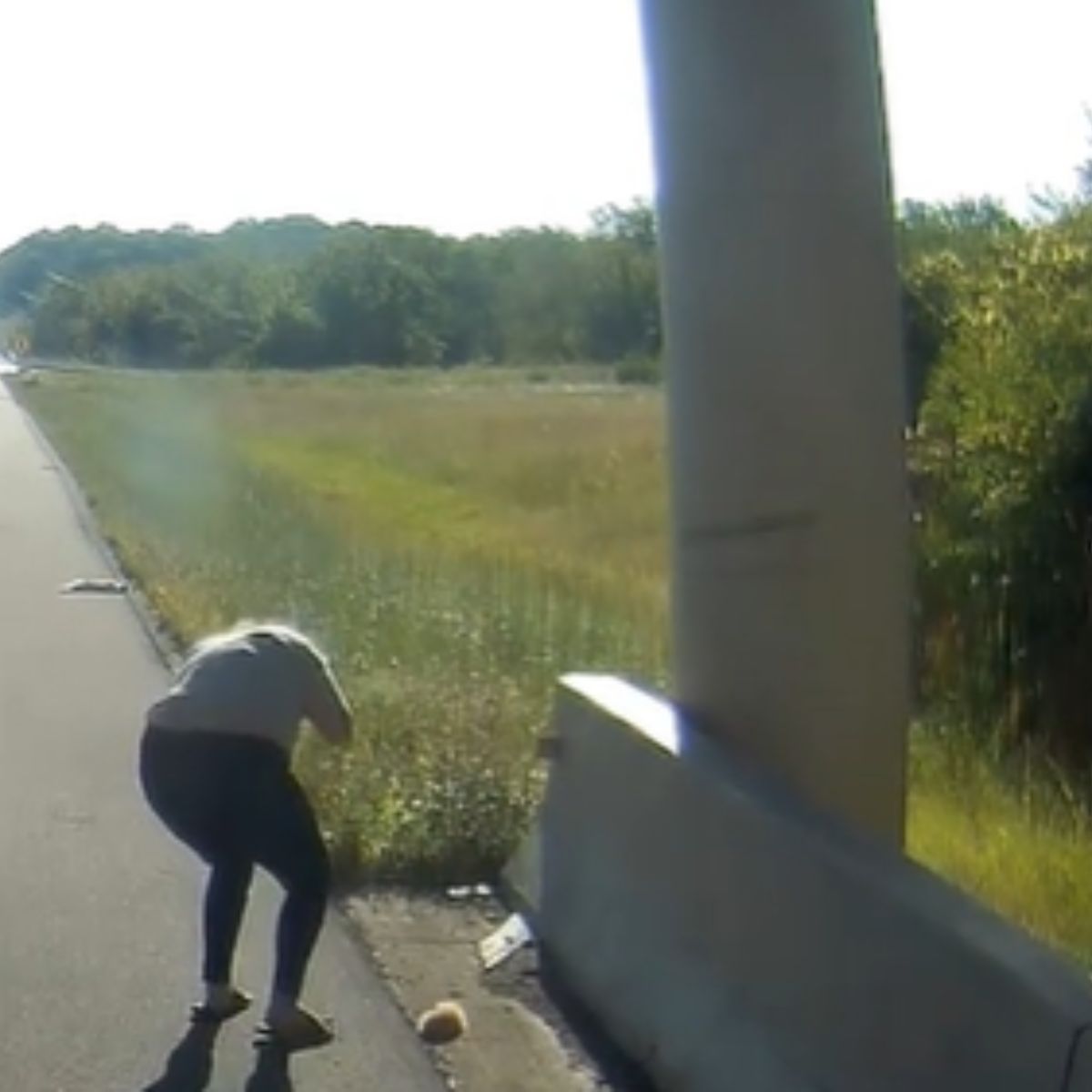 woman looking at kitten on the road