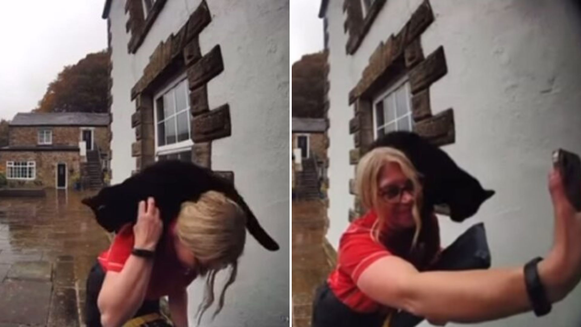 blonde woman and black cat