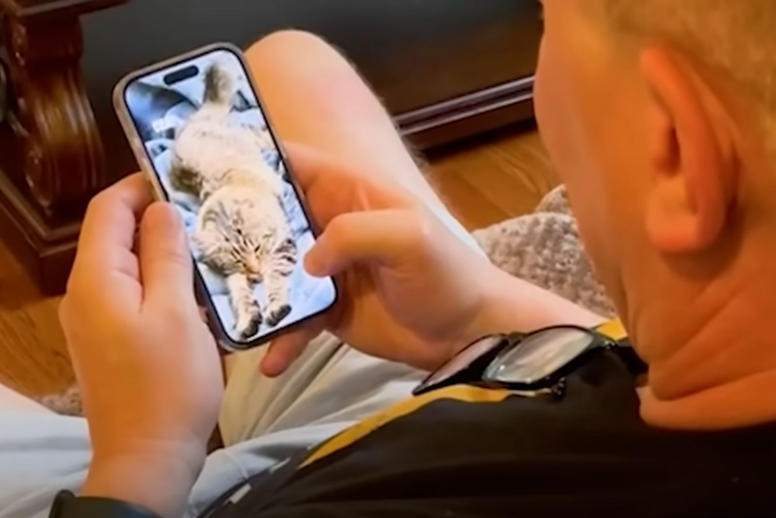 man looking at photos of cat on his phone