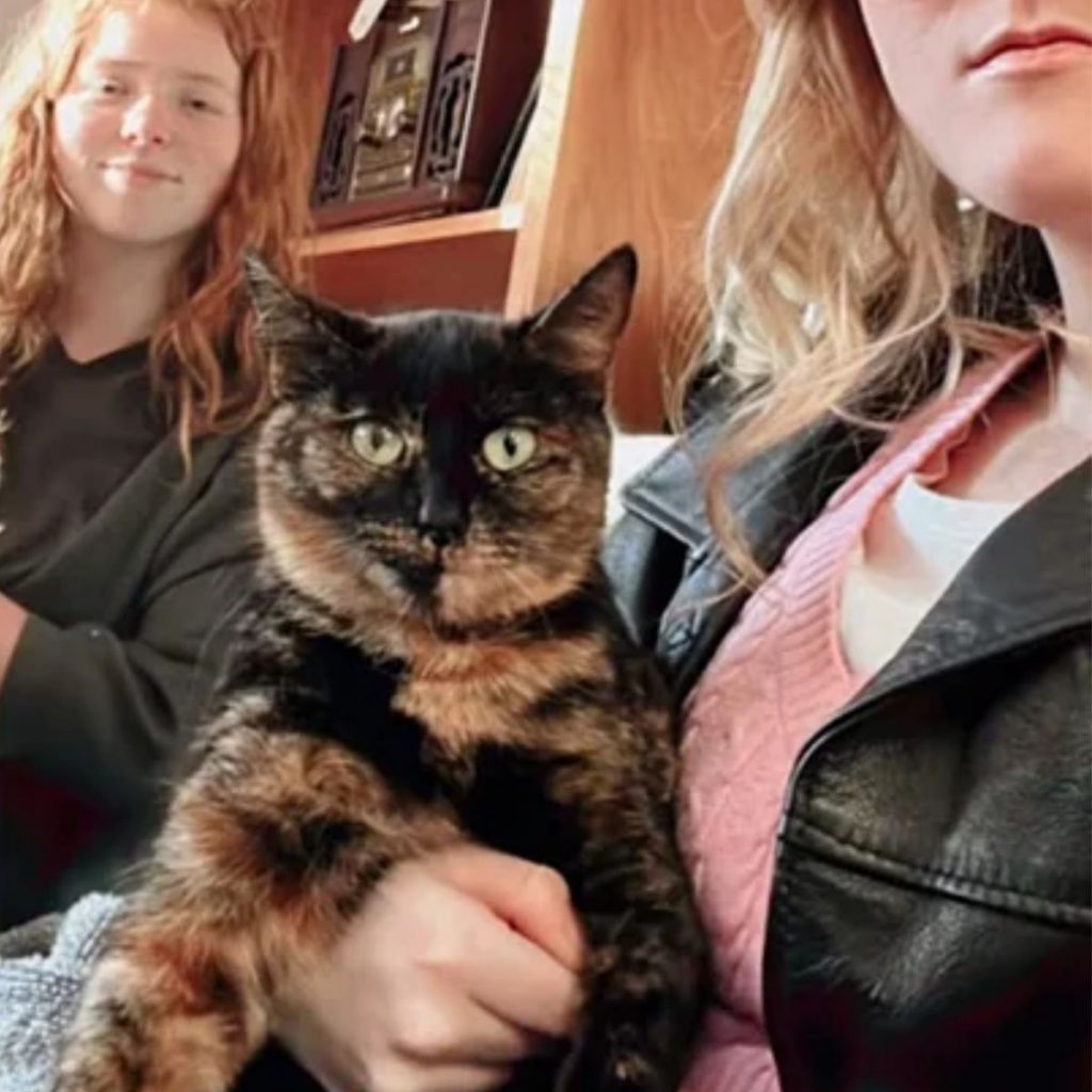 two girls with a cat are taking a picture