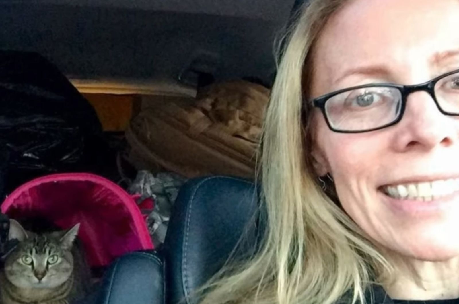 woman taking selfie with cat in the car