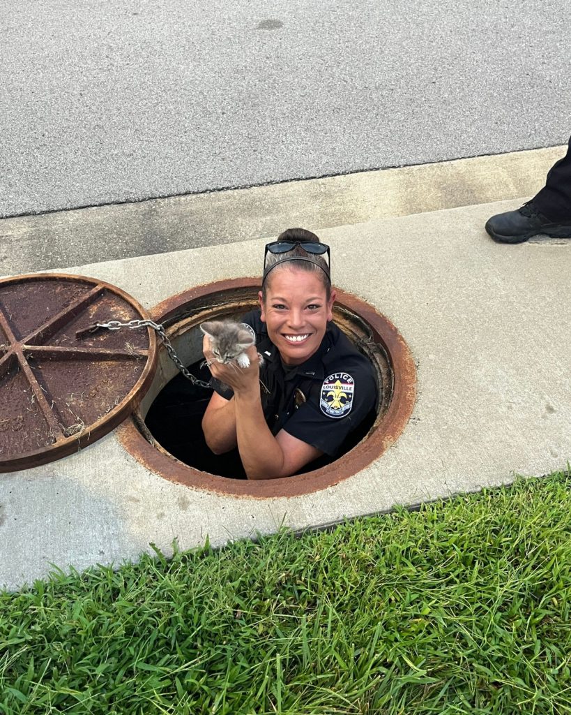 A policewoman holds a kitten she rescued from a drain