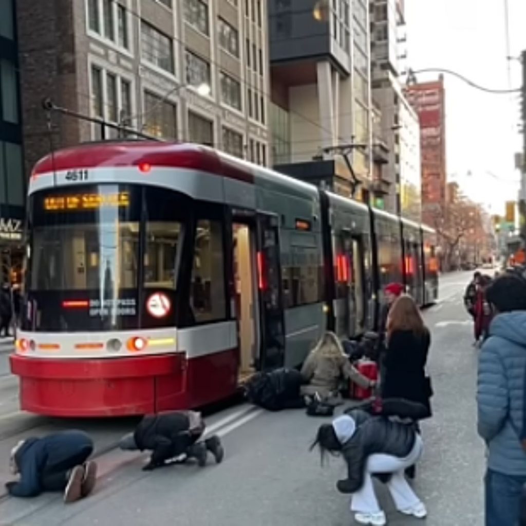 People rescue a cat from under a tram