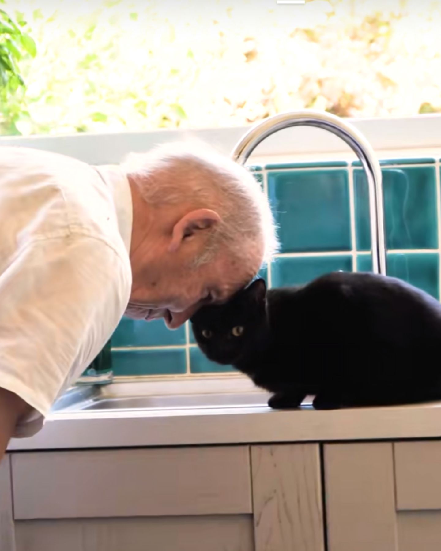 senior man cuddling with cat by heads