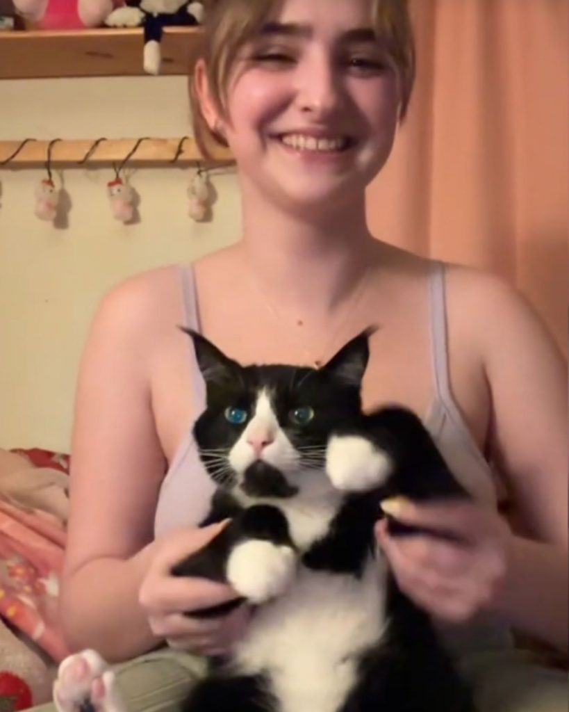 smiling girl with a cat on her lap