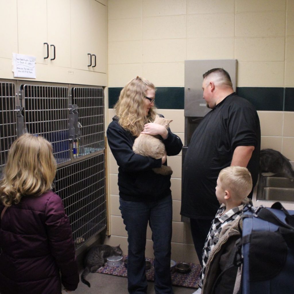 woman holding a cat in her arms, family watching